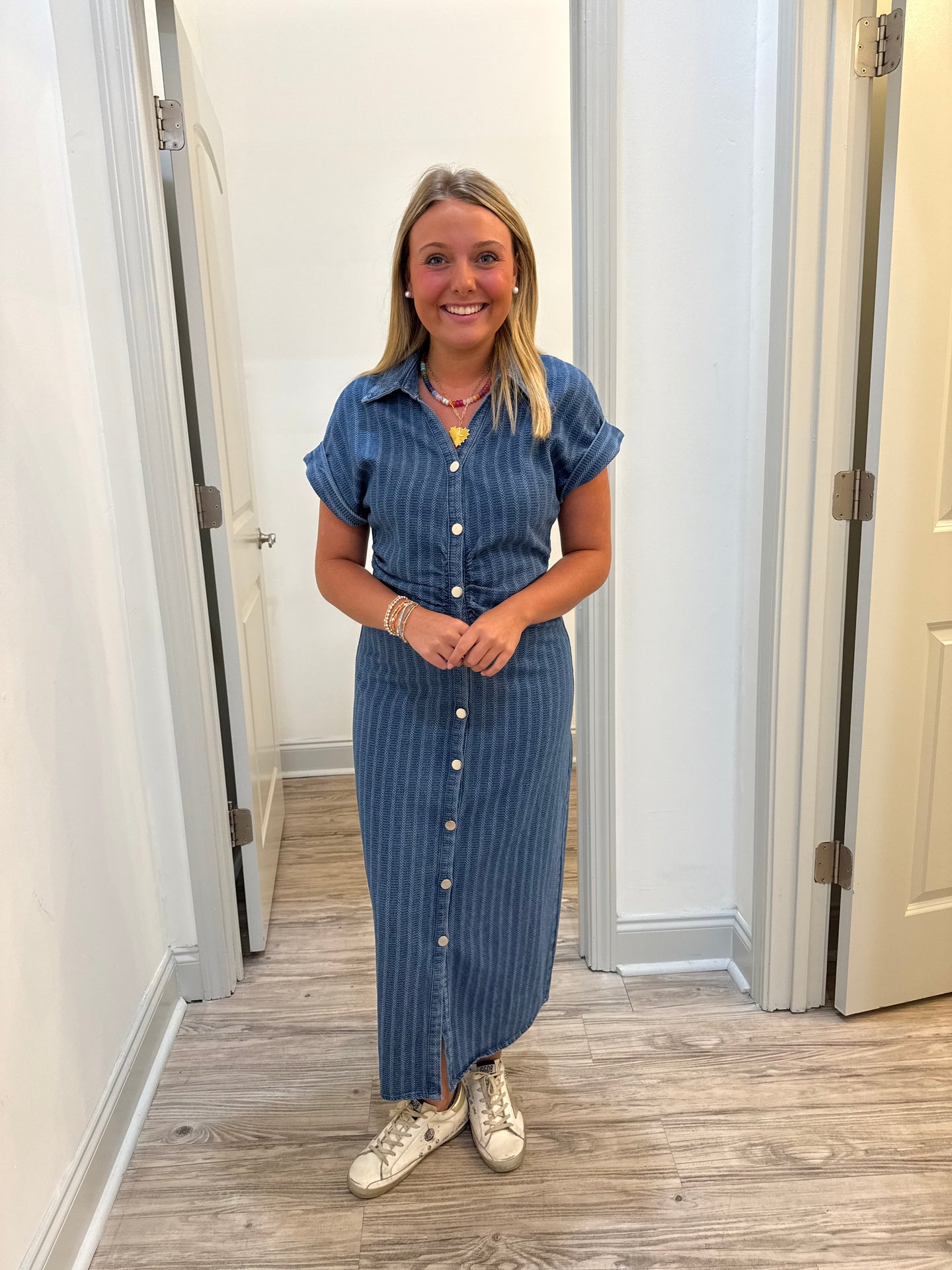 Zoe and Claire Stripe Denim Fitted Dress