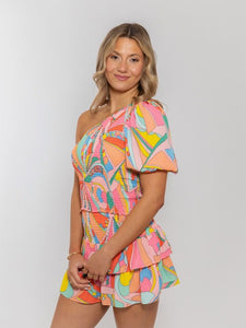 Karlie Bright Geometric Smocked Top