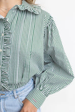 Load image into Gallery viewer, Karlie Green Stripe Pleat Ruffle Top