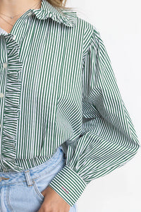 Karlie Green Stripe Pleat Ruffle Top