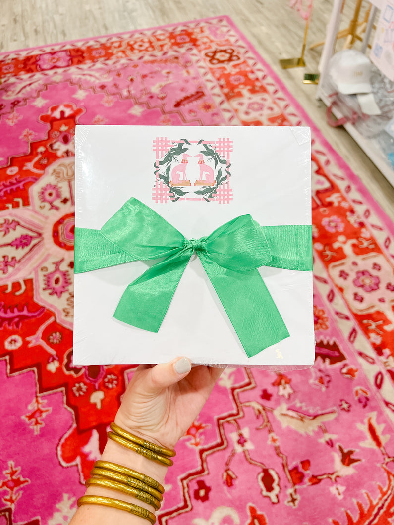 Pair Pink Whippet W/ Green Ribbon Notepad