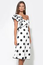Load image into Gallery viewer, Adelyn Rae Cailyn One Shoulder Ruffle Linen Dot Midi Dress | White/Black