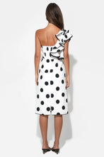 Load image into Gallery viewer, Adelyn Rae Cailyn One Shoulder Ruffle Linen Dot Midi Dress | White/Black