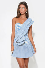 Load image into Gallery viewer, Adelyn Rae Ava One Shoulder Gingham Mini Dress | Powder Blue