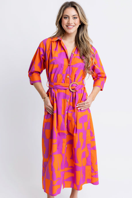 Karlie Geometric Poplin Maxi Shirt Dress