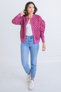 Karlie Magenta Plaid Sweater Cardigan