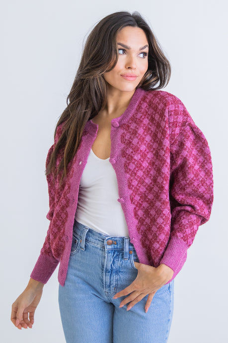 Karlie Magenta Plaid Sweater Cardigan