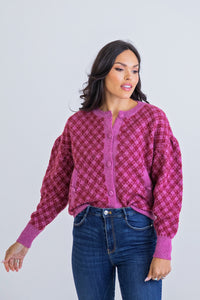 Karlie Magenta Plaid Sweater Cardigan