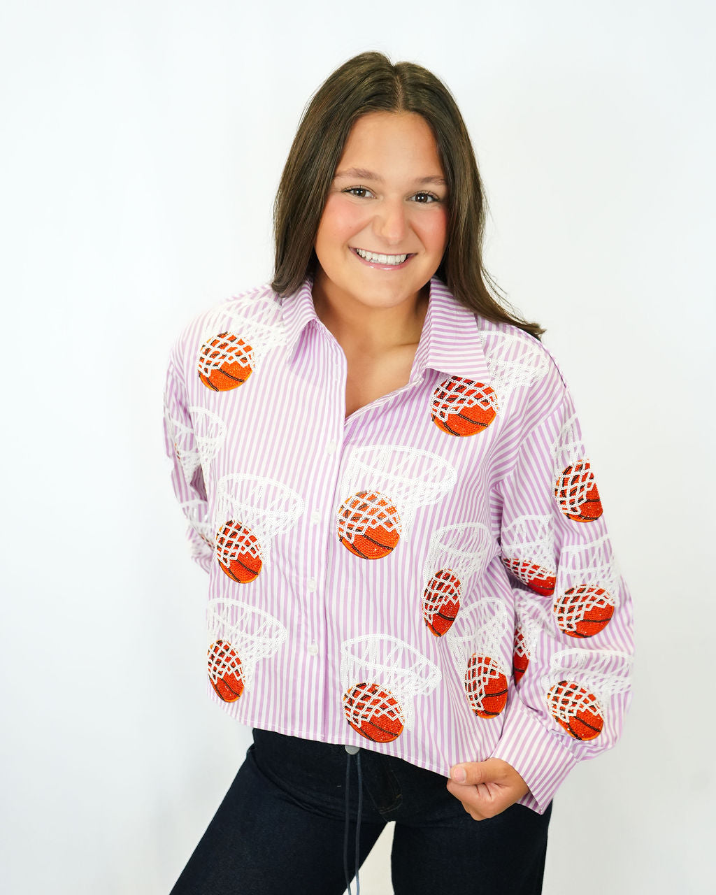Queen of Sparkles Lavender & White Stripe Basketball Hoop Button Up Top