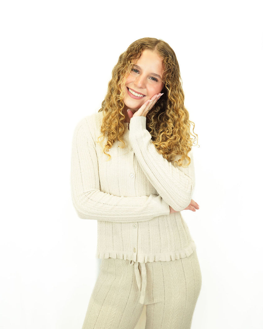 Barefoot Dreams CCUL Cable Knit Cardigan with Ruffle | Stone
