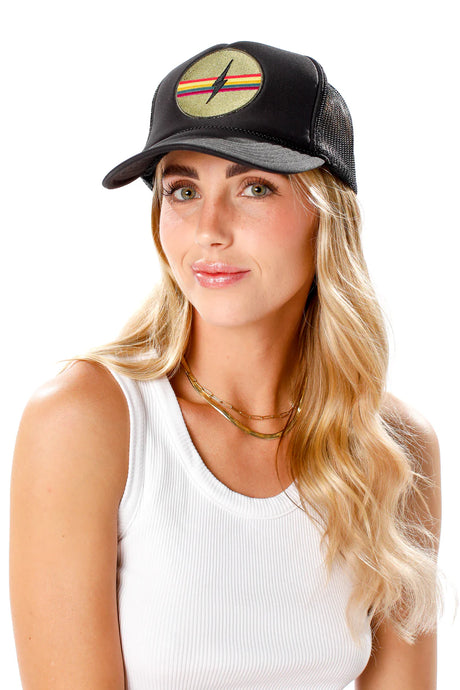 Friday Feelin' Electric Rainbow Trucker Hat in Black