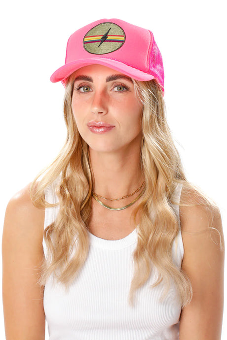 Friday Feelin' Electric Rainbow Trucker Hat in Pink