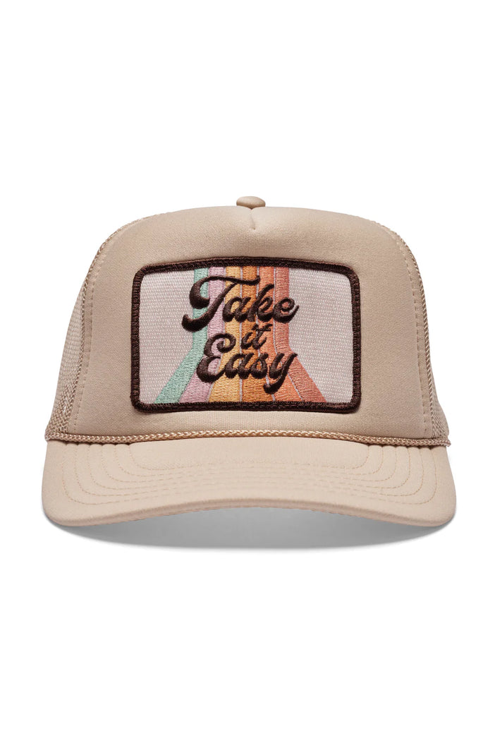 Friday Feelin' Take It Easy Trucker Hat in Tan