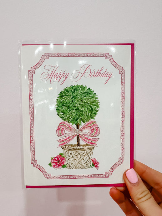 Handpainted Happy Birthday Topiary With Pink Bow Greeting Card