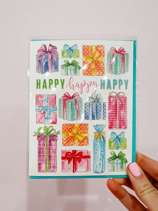 Handpainted Happy Happy Happy Multi Presents Greeting Card