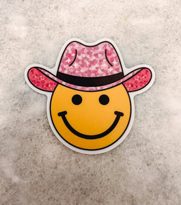 Sparkly Pink Hat Smiley Face Sticker
