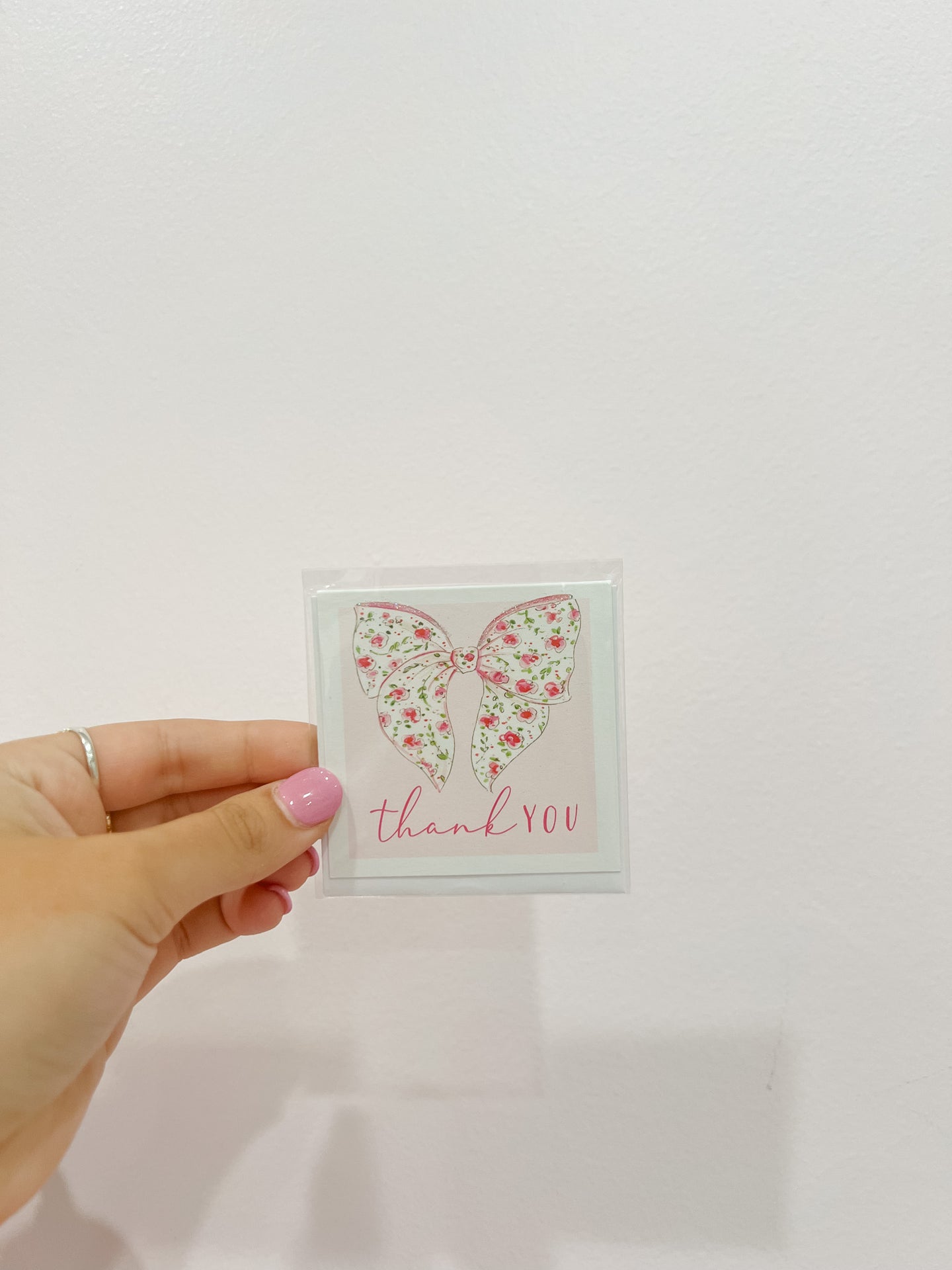 Handpainted Thank You Pink Floral Bow Enclosure Card