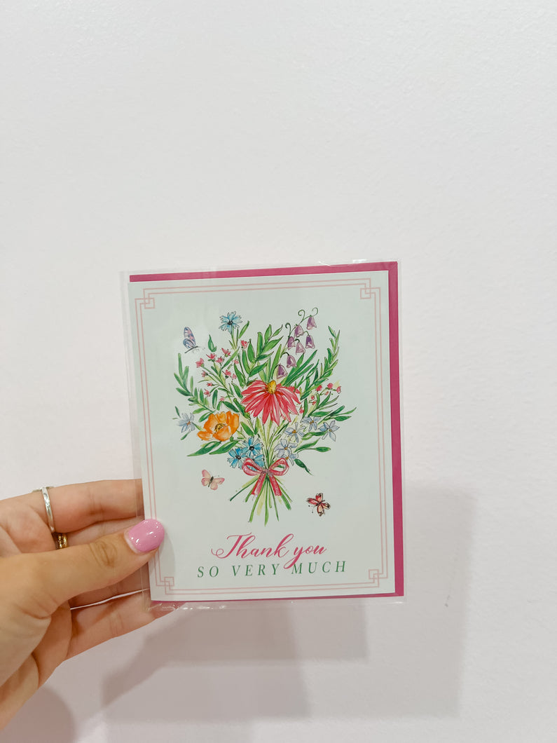 Handpainted Thank You So Very Much Bouquet With Butterflies Greeting Card