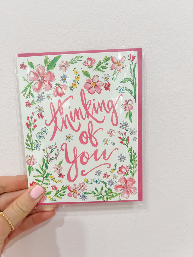 Handpainted Thinking Of You Pink And Blue Flowers Greeting Card