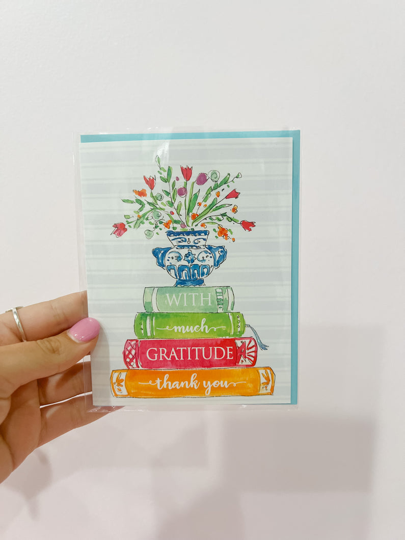 With Much Gratitude Stack Of Books Greeting Card