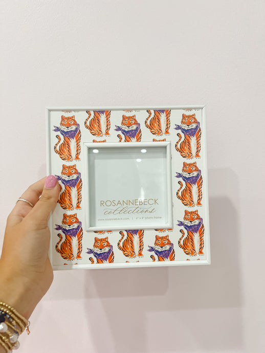 White Handpainted Tiger With Purple Bandana 4x4 Frame
