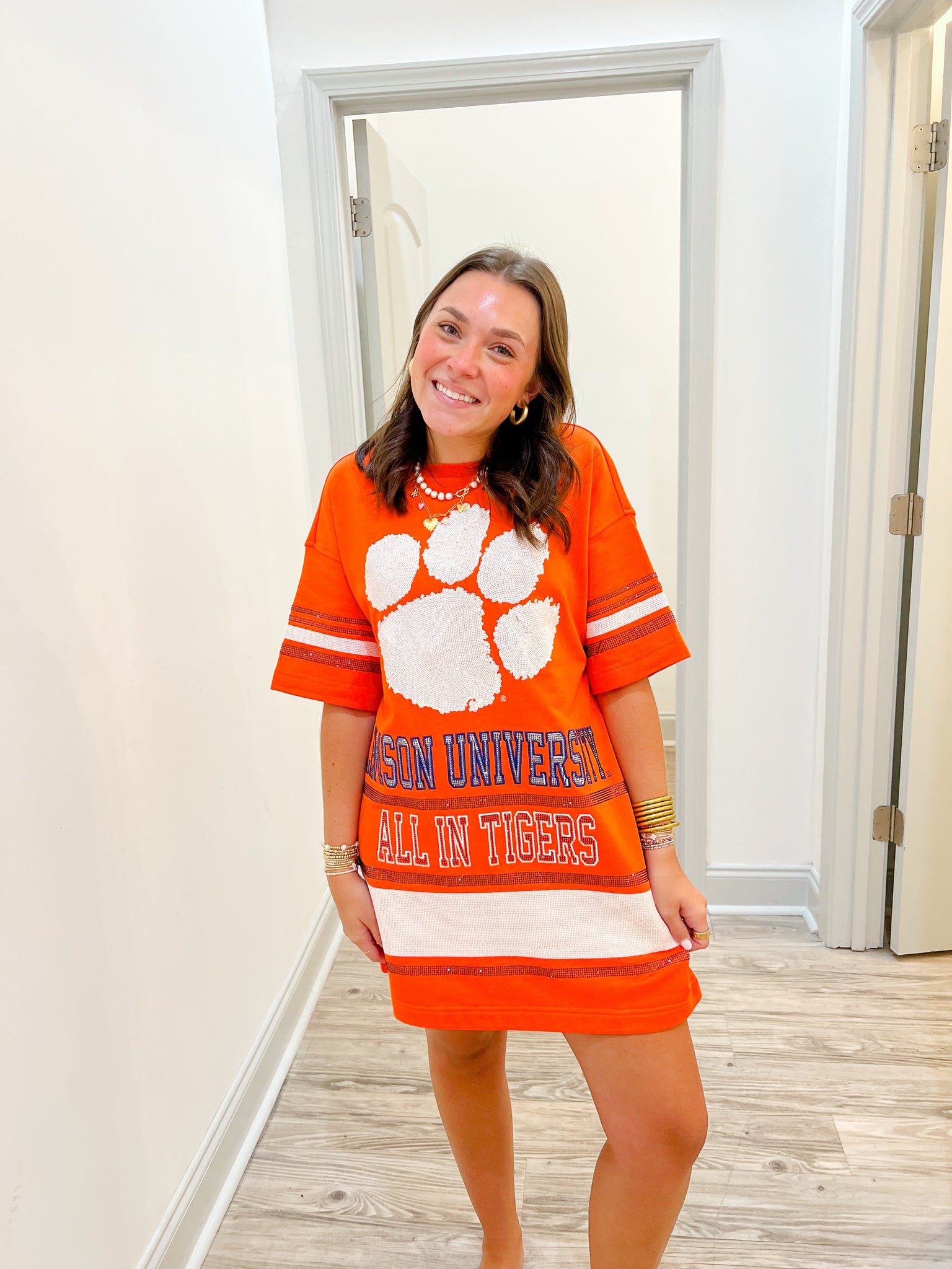 clemson sequin dress CALLING ALL CLEMSON FANS! This Queen of Sparkles tiger dress is the perfect dress for that Clemson game you're going to! Tap to shop it now! #schooloutfit #