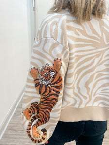 Queen of Sparkles Ivory Tiger on Tiger Print Cardigan