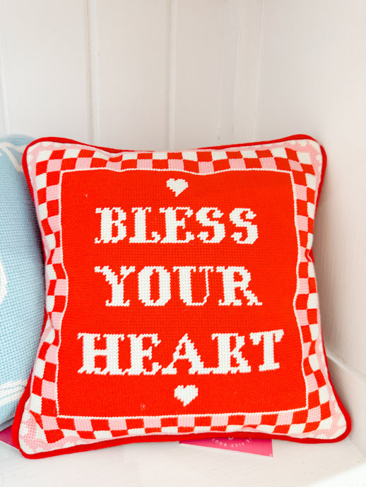 Bless Your Heart Pink & Red Needlepoint Pillow