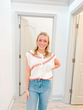 Load image into Gallery viewer, Queen of Sparkles White &amp; Red Beaded Baseball Stitch Button Up Vest