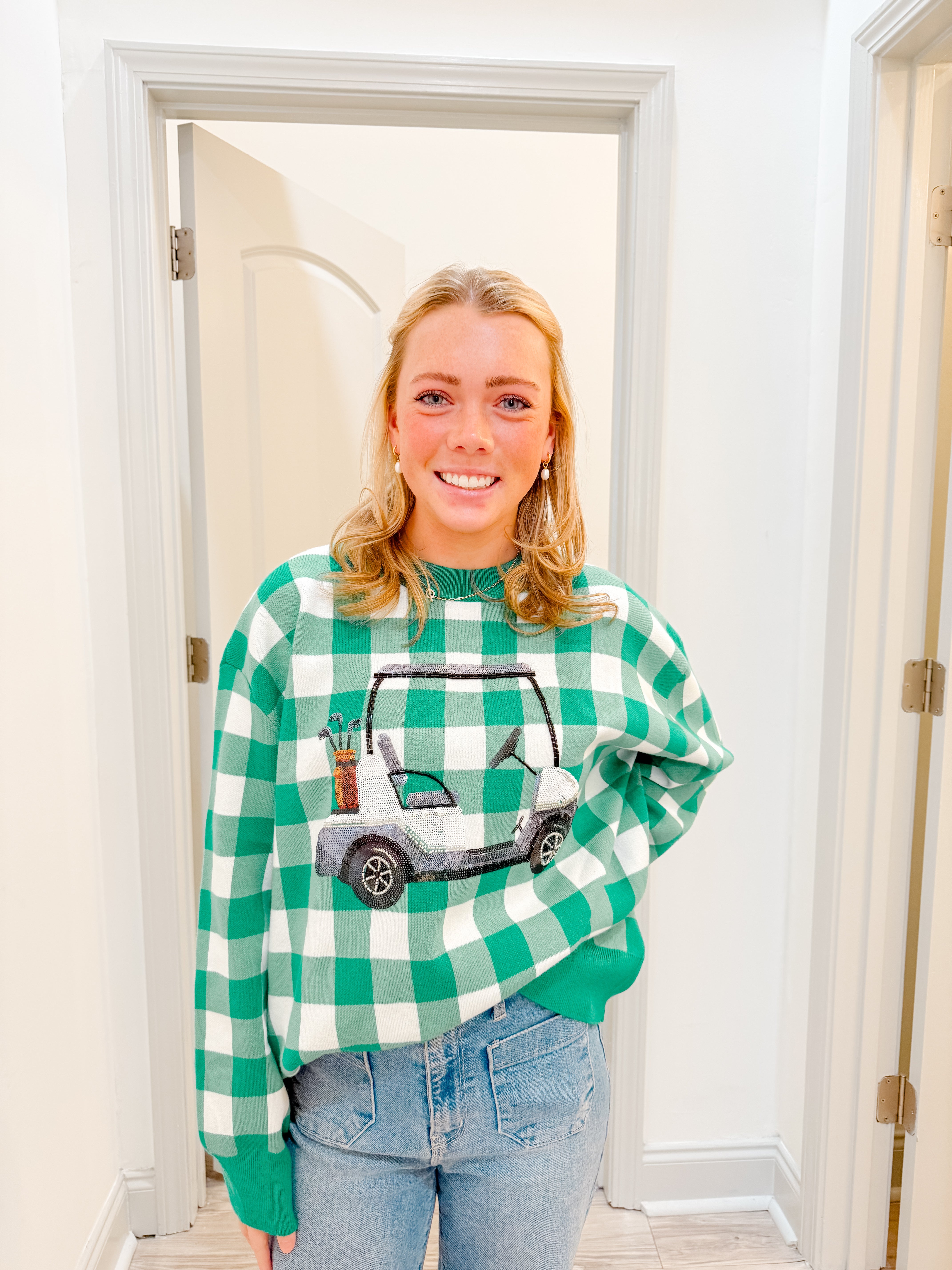 Queen of Sparkles Green & White Checkered Golf Cart Sweater