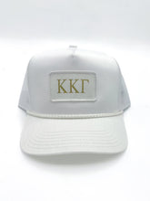 Load image into Gallery viewer, White &amp; Gold Sorority Patch Trucker Hat