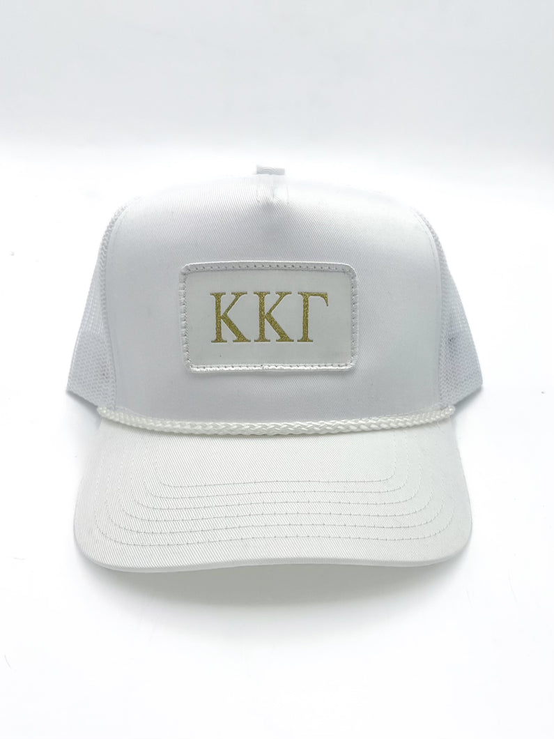 White & Gold Sorority Patch Trucker Hat