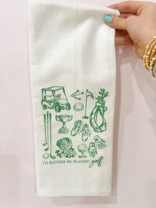 Green Golf Toile I’d Rather Be Playing Tea Towel