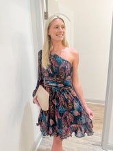 Load image into Gallery viewer, Mariah Printed Metallic Plisse One-Shoulder Mini Dress