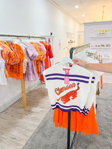 Queen of Sparkles Purple & Orange Clemson Striped Short Sleeve Top
