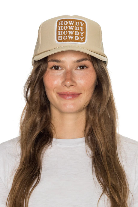 Friday Feelin' Howdy Trucker Hat in Tan