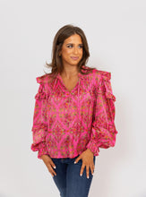 Load image into Gallery viewer, Karlie Satin Floral Ruffle Sleeve Top