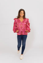 Load image into Gallery viewer, Karlie Satin Floral Ruffle Sleeve Top