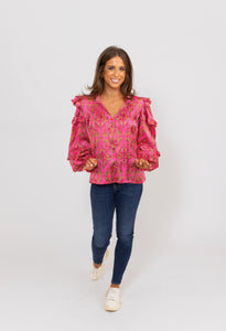 Karlie Satin Floral Ruffle Sleeve Top