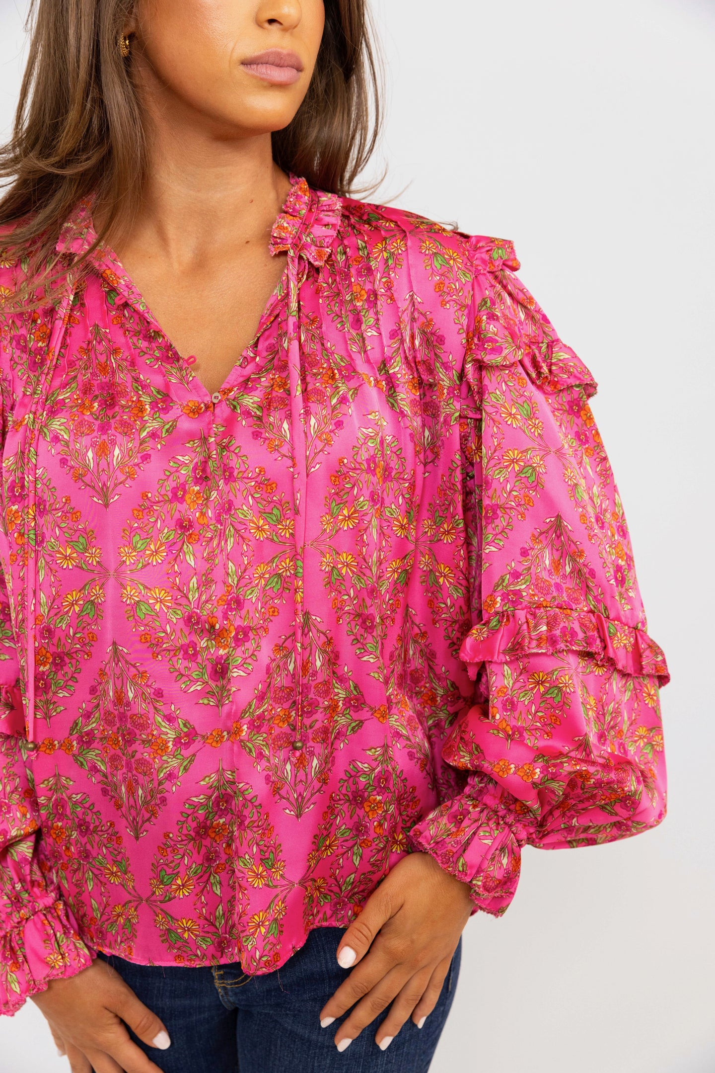 Karlie Satin Floral Ruffle Sleeve Top