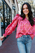 Load image into Gallery viewer, Karlie Satin Floral Ruffle Sleeve Top