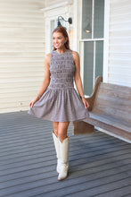 Load image into Gallery viewer, Karlie Smocked Brown Gingham Mini Dress
