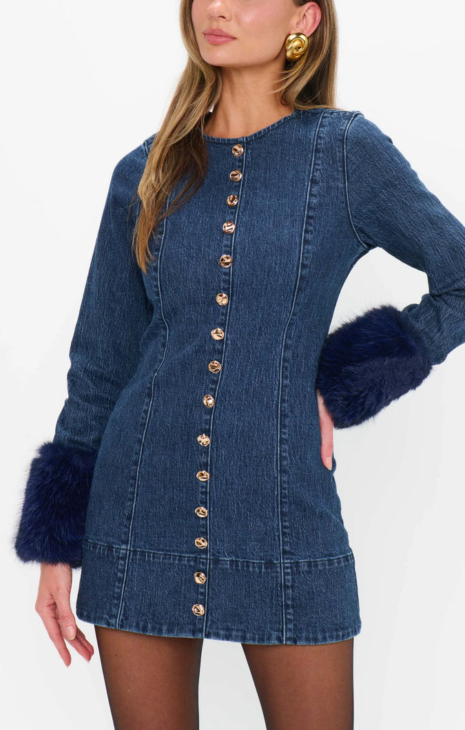 Show Me Your MUMU Rockefeller Mini Dress | Subzero Indigo With Faux Fur