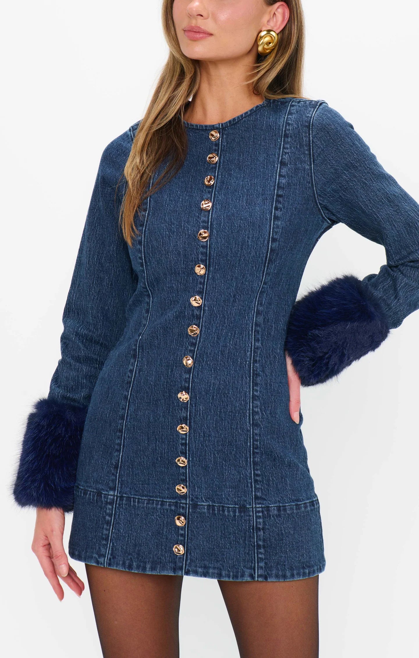 Show Me Your MUMU Rockefeller Mini Dress | Subzero Indigo With Faux Fur