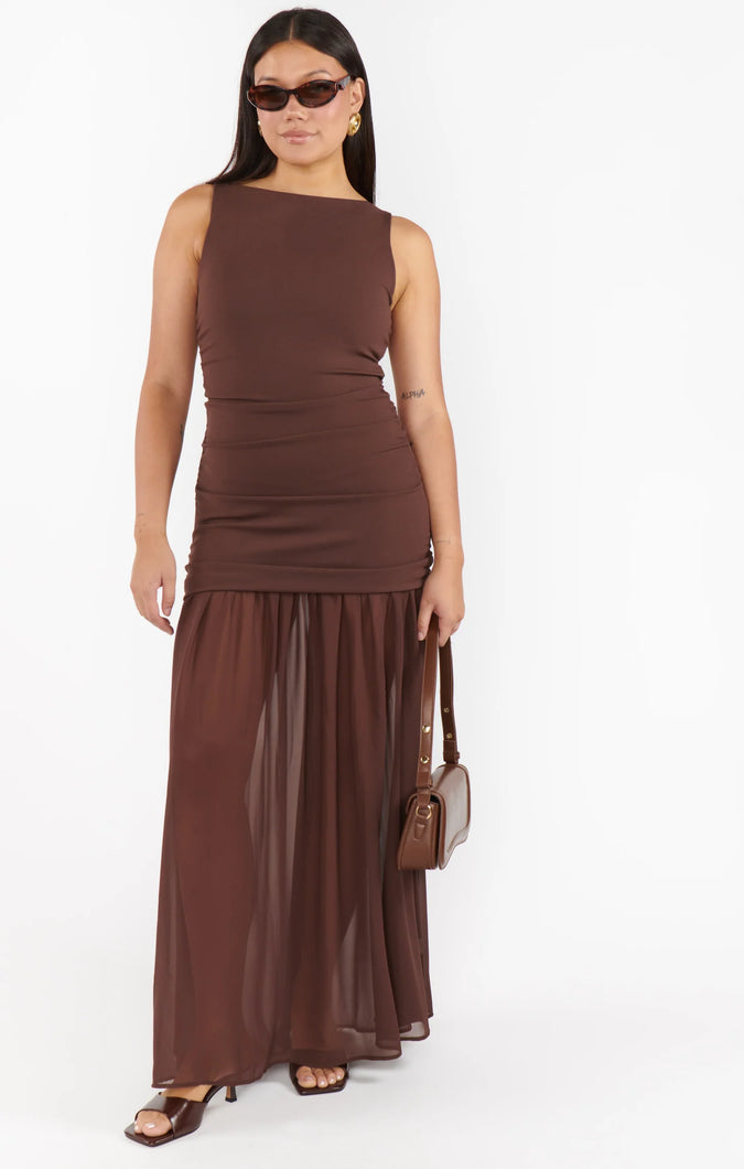 Show Me Your MUMU Aria Maxi Dress | Chocolate Stretch Chiffon