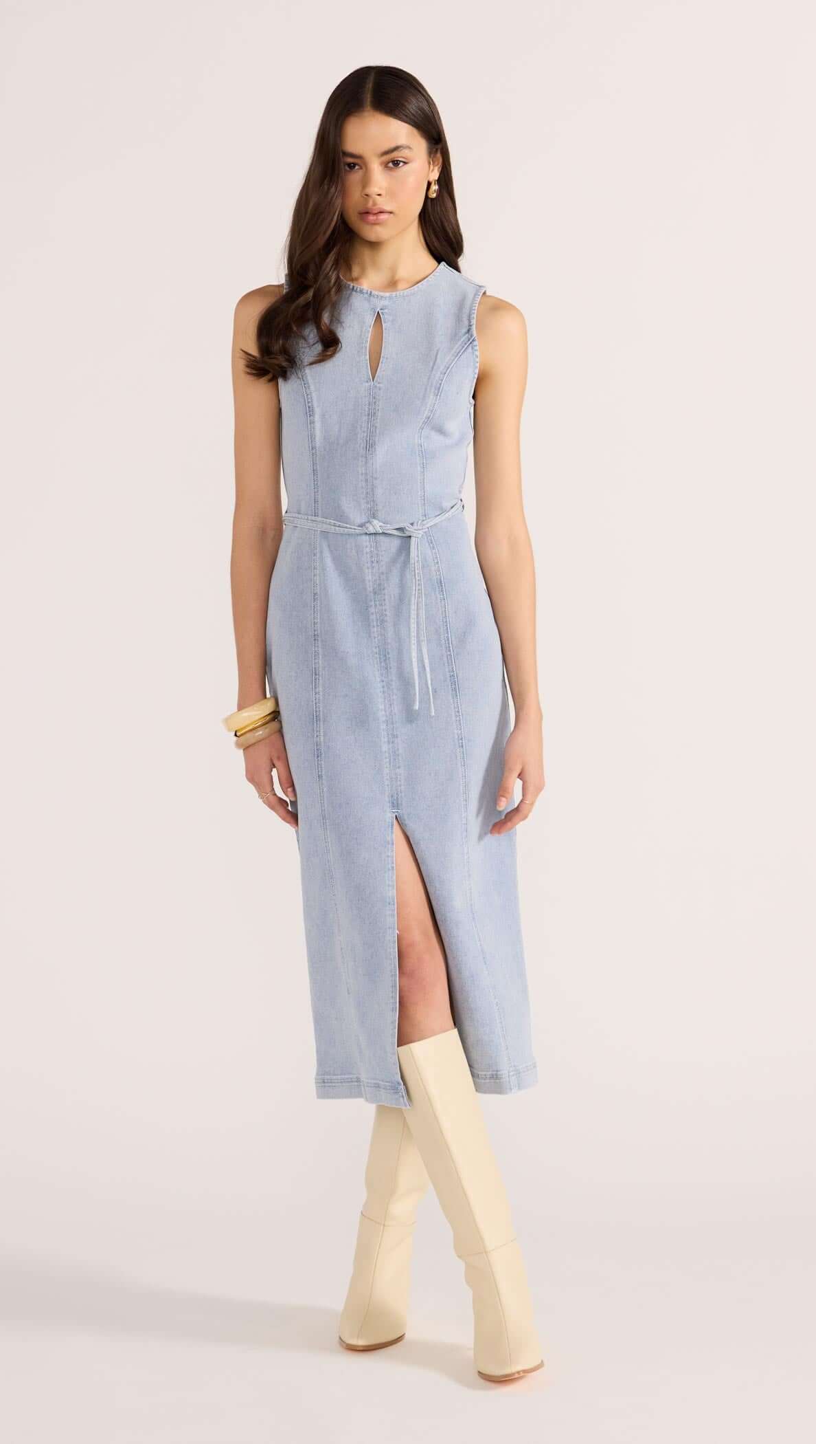 pink denim midi dress Mink Pink Oliver Denim Midi Dress