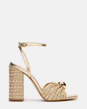 Load image into Gallery viewer, Steve Madden Cheyla Gold Raffia Block Heels