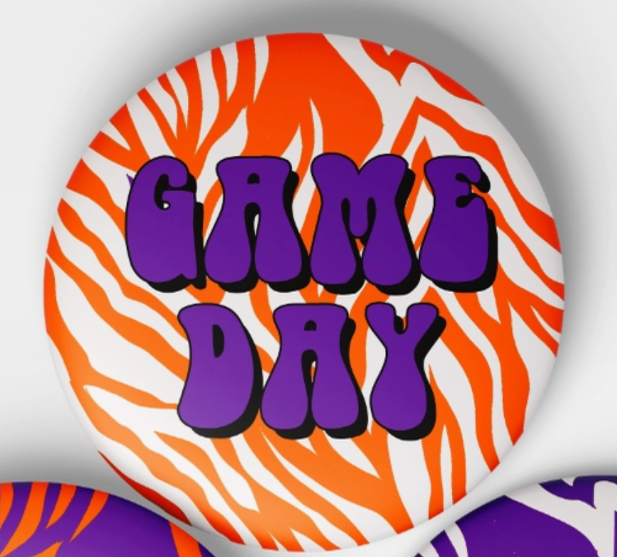 Tiger Stripe Game Day Button | Orange w Purple