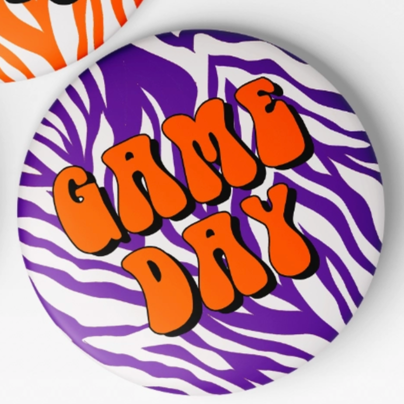 Tiger Stripe Game Day Button | Purple w Orange