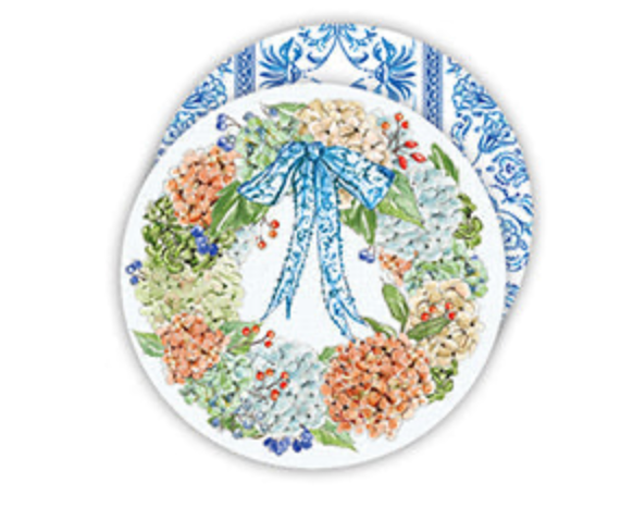 Hydrangea Wreath With Blue Pumpkin Round Coaster
